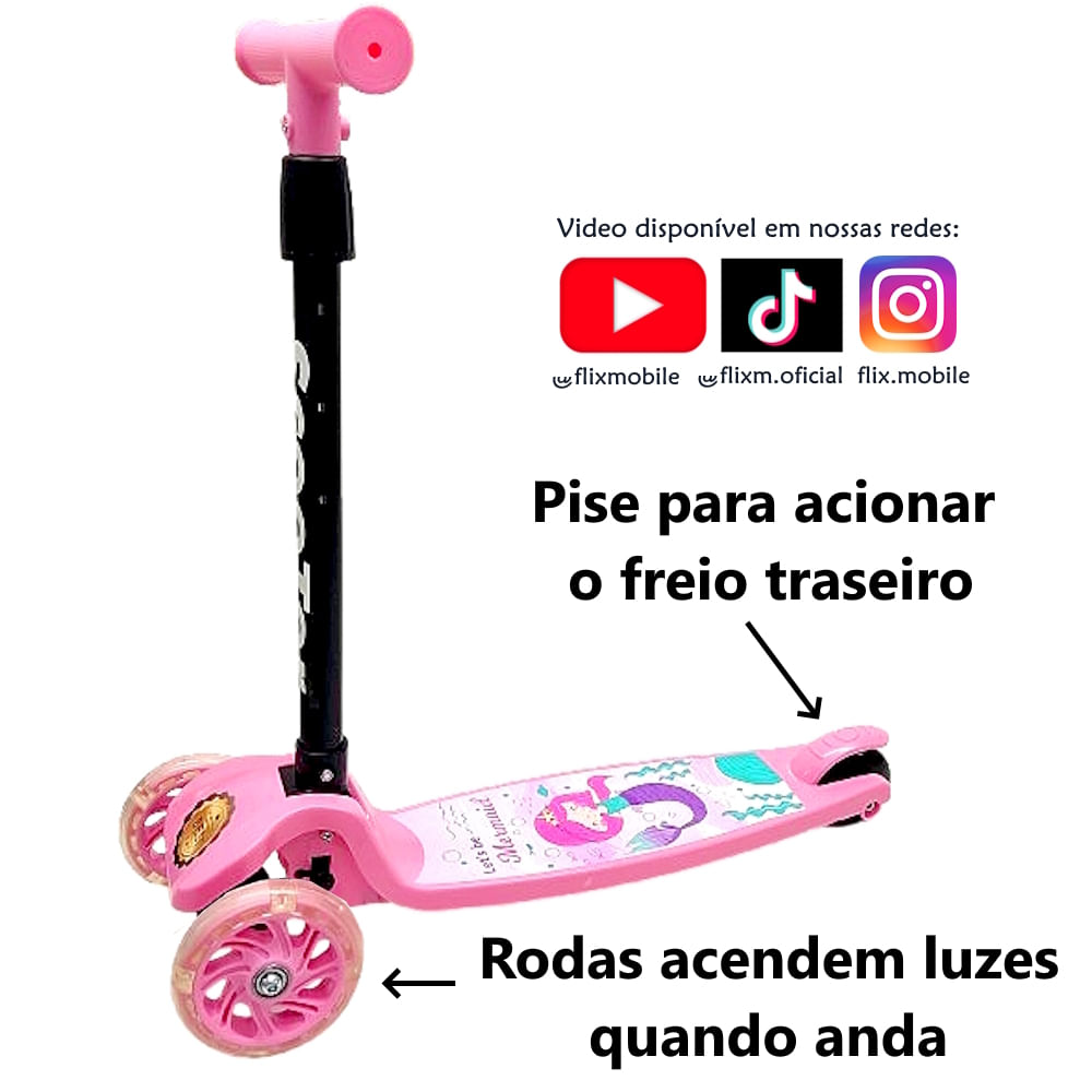 Patinete Sereia Rosa Luzes 3 Rodas Regulagem de Altura Freio Meninas de ...