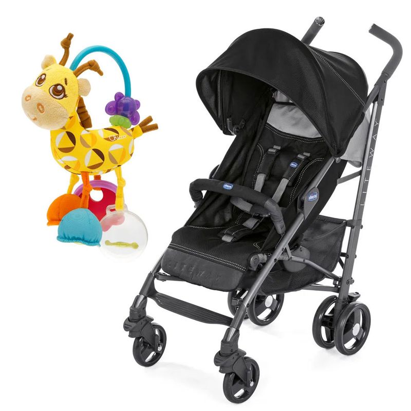 Kit-Carrinho-de-Passeio---Liteway-3---Jet-Black-e-Chocalho-Primeiras-Atividades---Girafa---Chicco