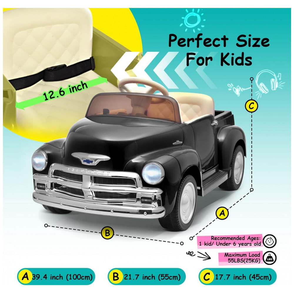 Encontraproduto.com.br - Carro Elétrico Infantil Chevrolet 3100 Pickup Licenciado Joywhale 12V, 1 Lugar, 2 Motores, Controle Remoto, 3 Velocidades, Retrô, Preto