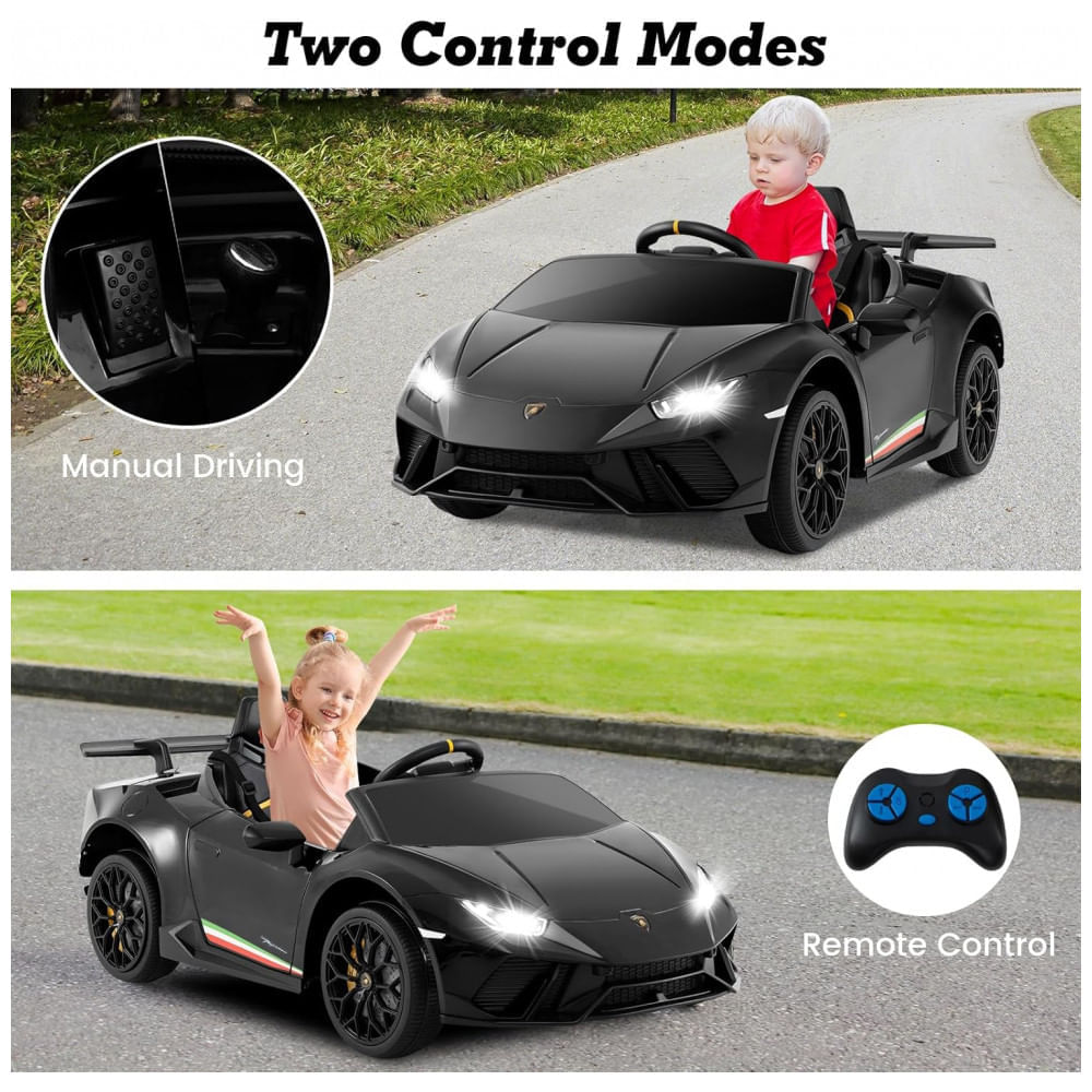 Encontraproduto.com.br - Carro Elétrico Infantil Licenciado Lamborghini Huracan OLAKIDS Preto 12V com Controle Remoto, 2 Velocidades, Suspensão, Bluetooth e USB