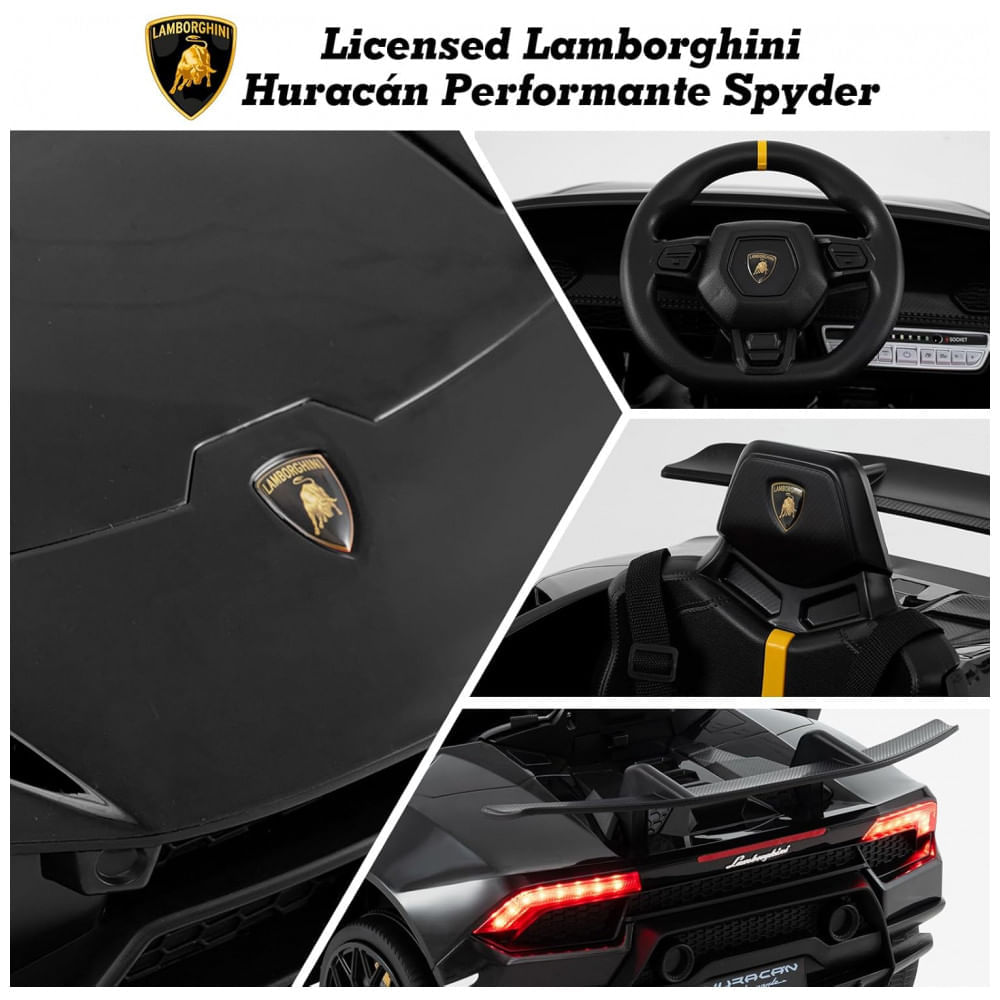 Encontraproduto.com.br - Carro Elétrico Infantil Licenciado Lamborghini Huracan OLAKIDS Preto 12V com Controle Remoto, 2 Velocidades, Suspensão, Bluetooth e USB