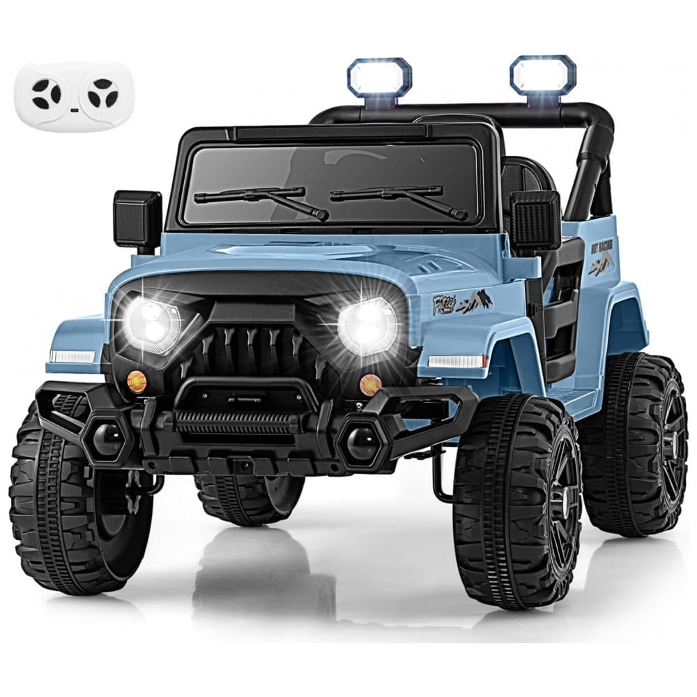Encontraproduto.com.br - Carro Elétrico Infantil OLAKIDS Azul 12V Controle Remoto Jeep LED Bluetooth 2 Velocidades Suspensão Música USB MP3 3-8 Anos