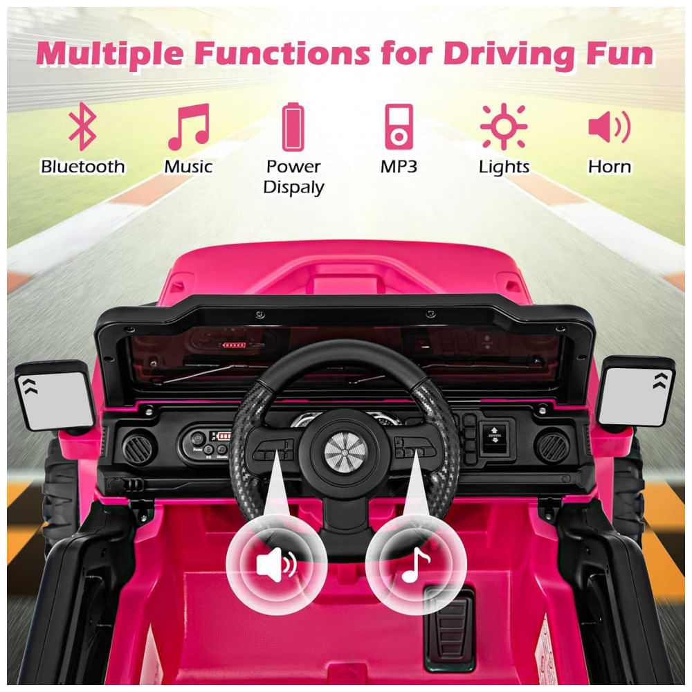 Encontraproduto.com.br - Carro Elétrico Infantil OLAKIDS Rosa 12V Controle Remoto Jeep LED Bluetooth 2 Velocidades Suspensão Música USB MP3 3-8 Anos