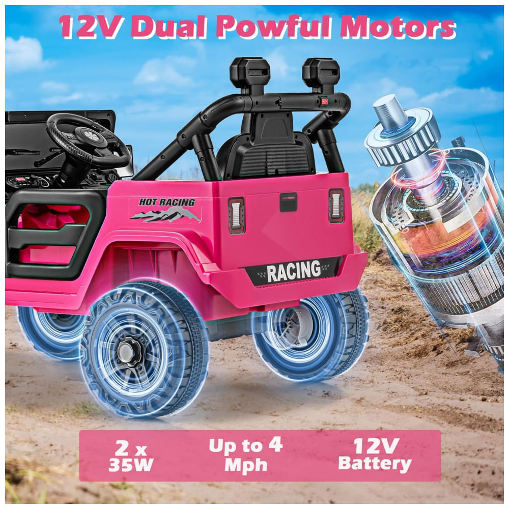 Encontraproduto.com.br - Carro Elétrico Infantil OLAKIDS Rosa 12V Controle Remoto Jeep LED Bluetooth 2 Velocidades Suspensão Música USB MP3 3-8 Anos