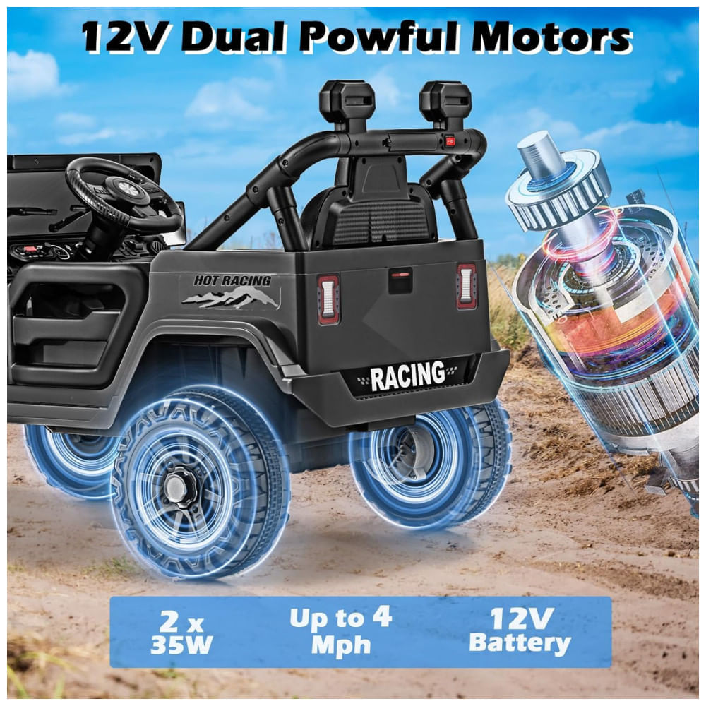Encontraproduto.com.br - Carro Elétrico Infantil OLAKIDS Preto 12V Controle Remoto Jeep LED Bluetooth 2 Velocidades Suspensão Música USB MP3 3-8 Anos