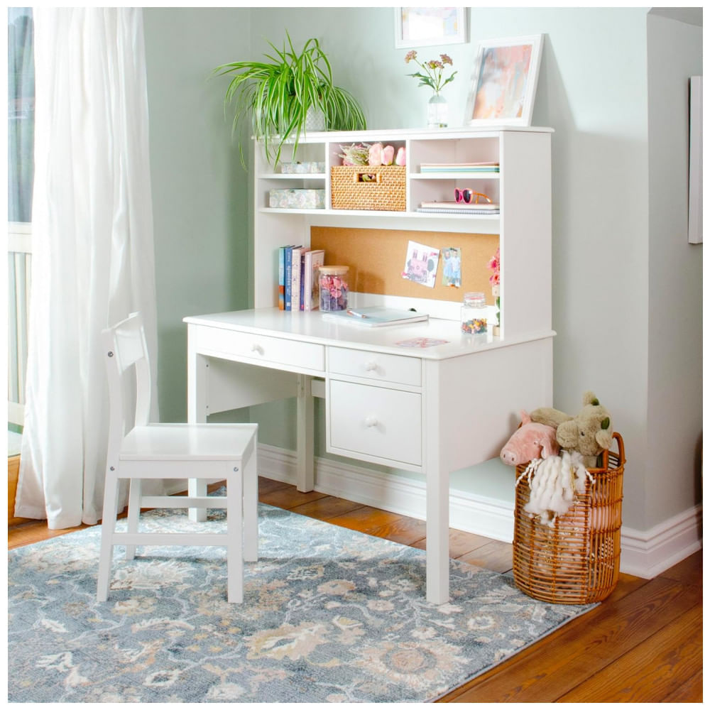 Escrivaninha infantil com hutch e cadeira Guidecraft Madison Branco em madeira com 3 gavetas e nichos 112cm
